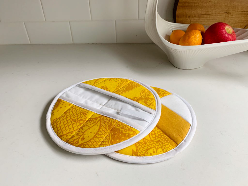 DIY modern quilted potholder in a kitchen
