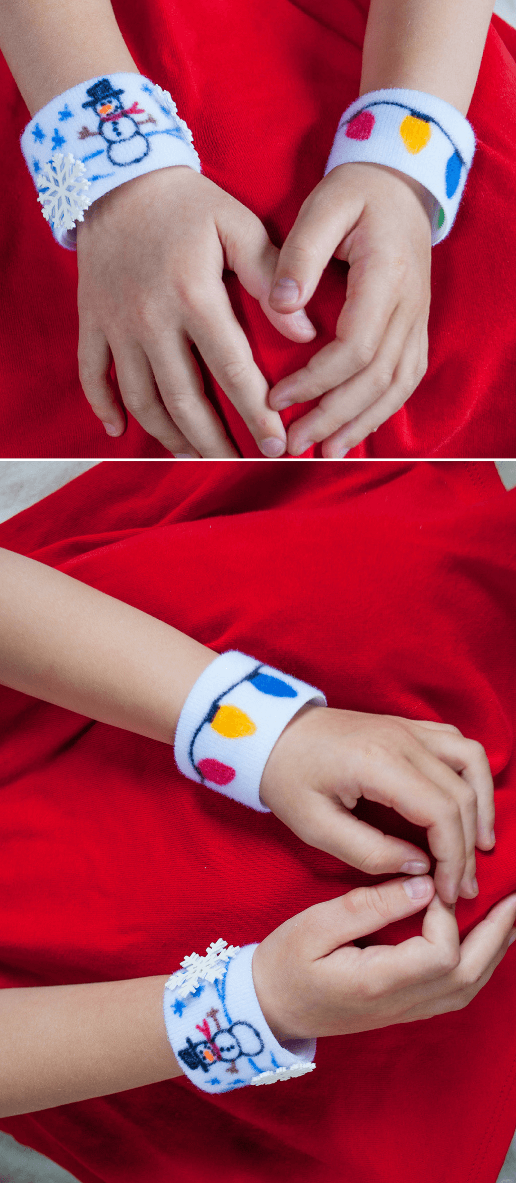 Color bracelets for the holidays! Make these no-sew DIY Christmas bracelets with the kids. They're no-sew and take just 10 minute each to make. #christmas #diy #handmadechristmas #diychristmas #kidsactivities