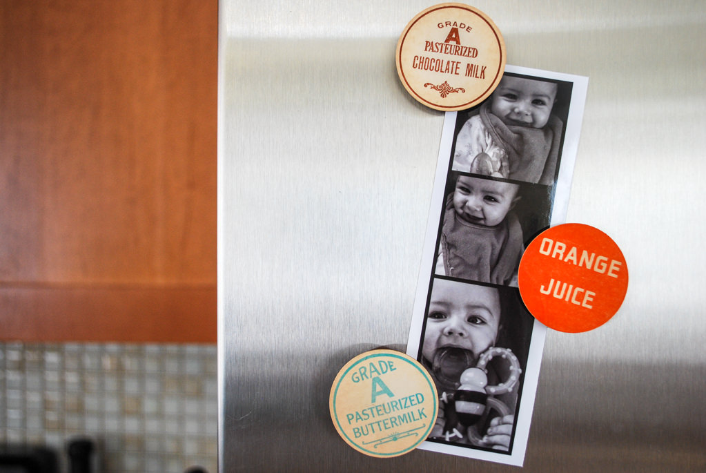 Recycled craft idea: Vintage milk bottle top refrigerator magnets