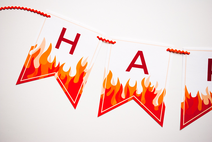 Printable 'fire and flames' happy birthday banner for a modern fireman birthday party (or Planes Fire & Rescue birthday party). Just type to personalize, print, cut and hang!