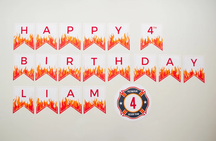 Super cute printable Fire and Flames personalized happy birthday banner for a modern fireman birthday party (or Planes Fire & Rescue inspired birthday party). Just download, type to personalize, print and cut!