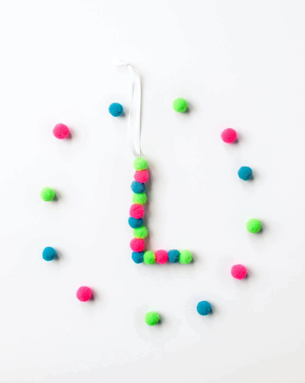 Letter L Christmas tree ornament made from mini pom poms