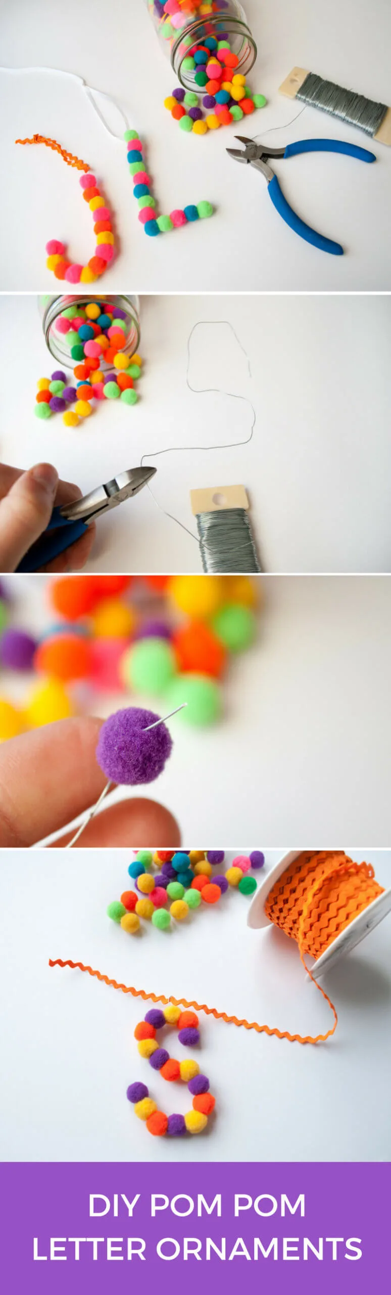 DIY letter ornaments using mini pom poms
