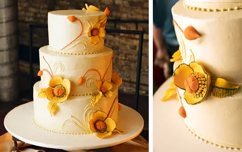 Merriment :: Retro poppy fabric wedding cake for fall and autumn featured on WEtv's Amazing Wedding Cakes national TV show