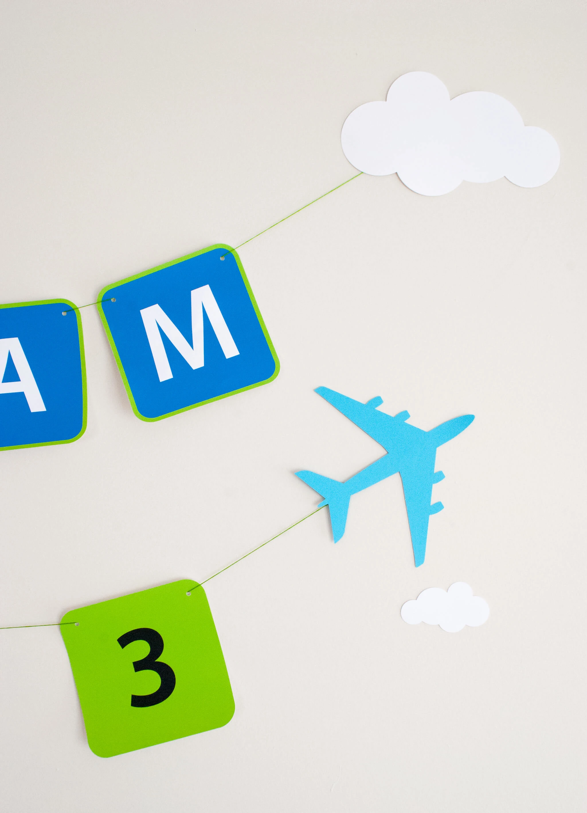 Printable Airplanes Birthday Banner with airplanes (any color) and clouds. Just download, type to personalize as many letters as you wish ("Happy 3rd Birthday Liam" or "Liam is 3" etc.), cut and hang!