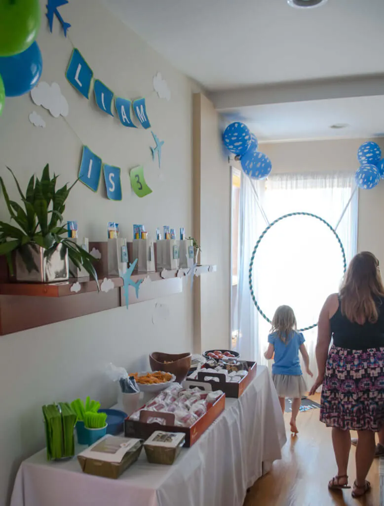 DIY Airplane birthday party decorations, airplane banner, and airplane party game