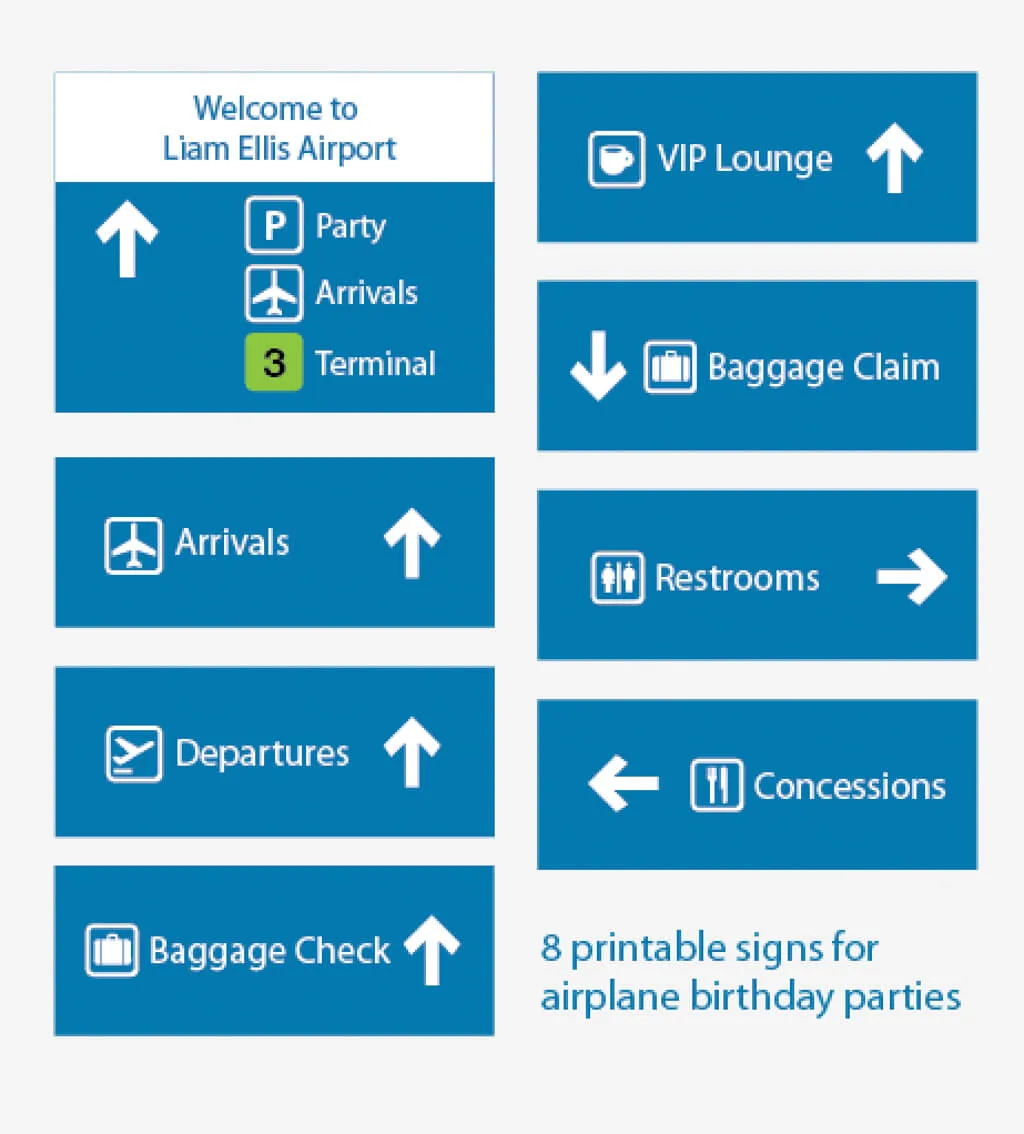 Printable airport signs for an airport birthday party | printable airport birthday party decorations just download, print and hang