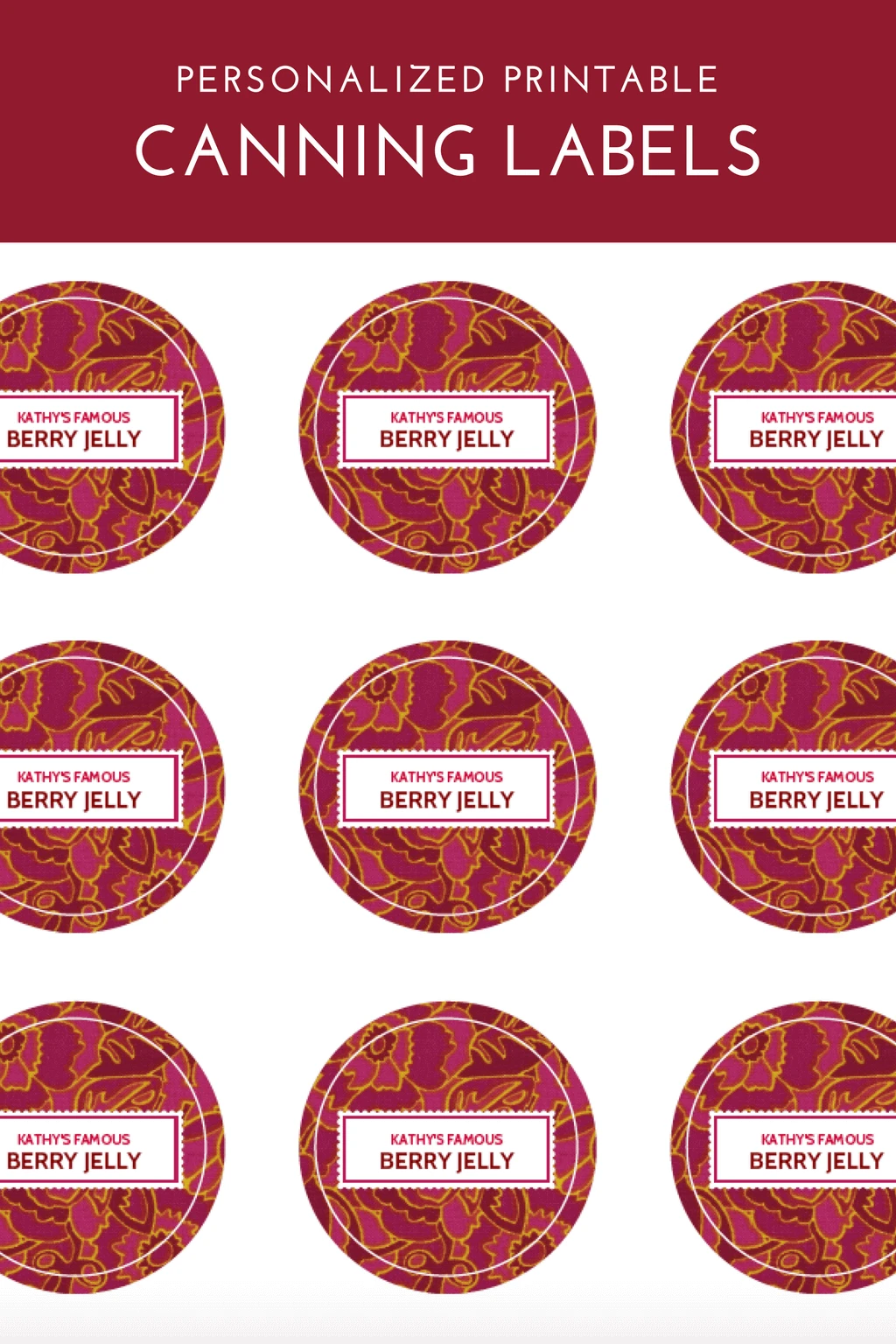 Personalized printable canning labels in red. Type to personalize and print over and over again. Great for homemade jams, jellies, and DIY gifts. #canning #stickers #printable #labels #jam #jelly #masonjar