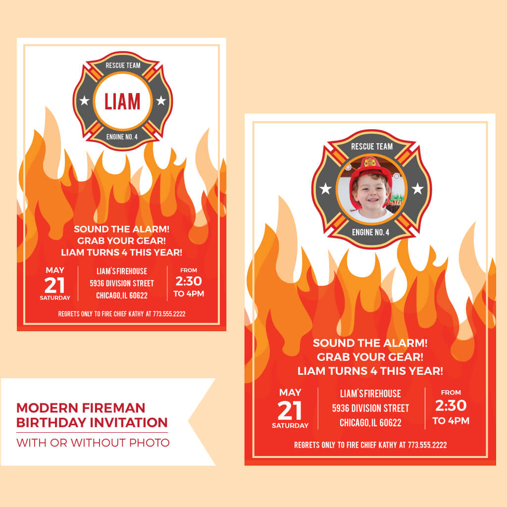 Printable fireman birthday party invitations - personalized with or without a photo for a modern firefighter birthday party