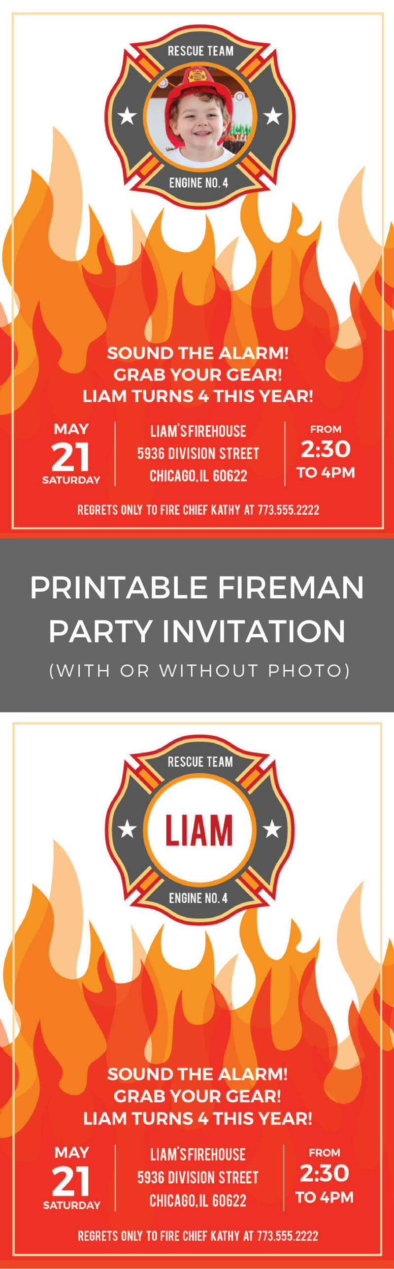 Printable fireman birthday party invitations - personalized with or without a photo for a modern firefighter birthday party