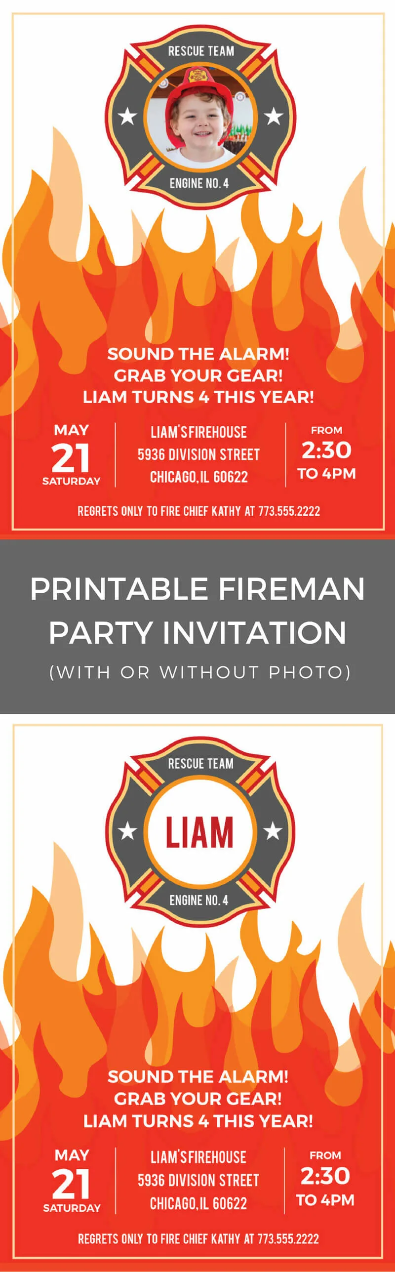 Printable fireman birthday party invitations - personalized with or without a photo for a modern firefighter birthday party