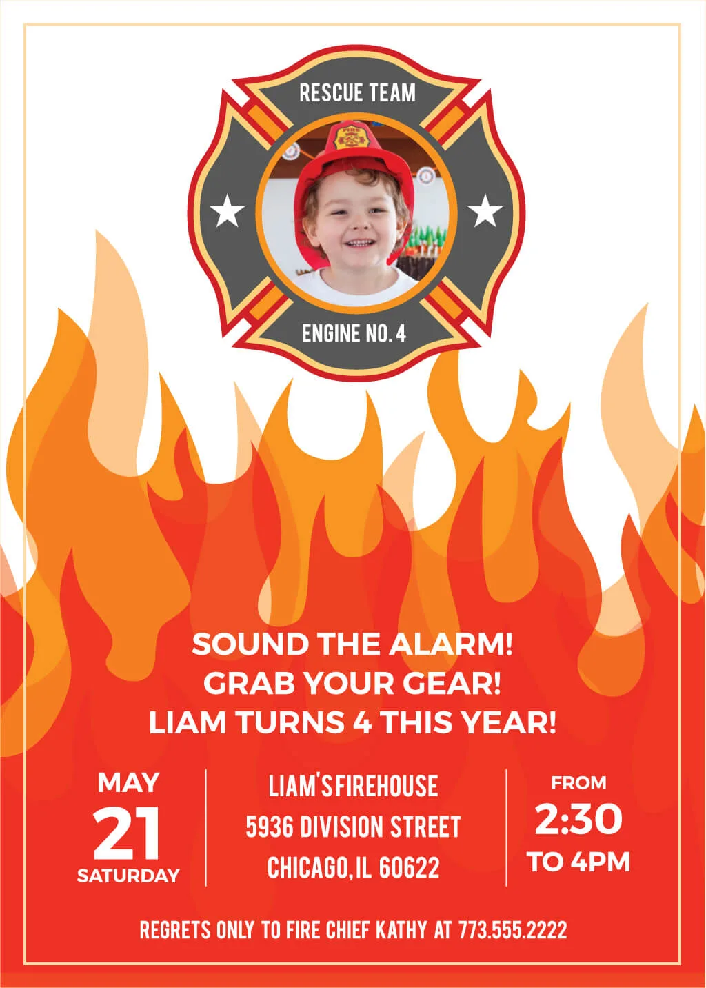 Printable fireman birthday party invitations - personalized with or without a photo for a modern firefighter birthday party