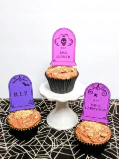 Easy Halloween cupcakes for kids with funny tombstone sayings