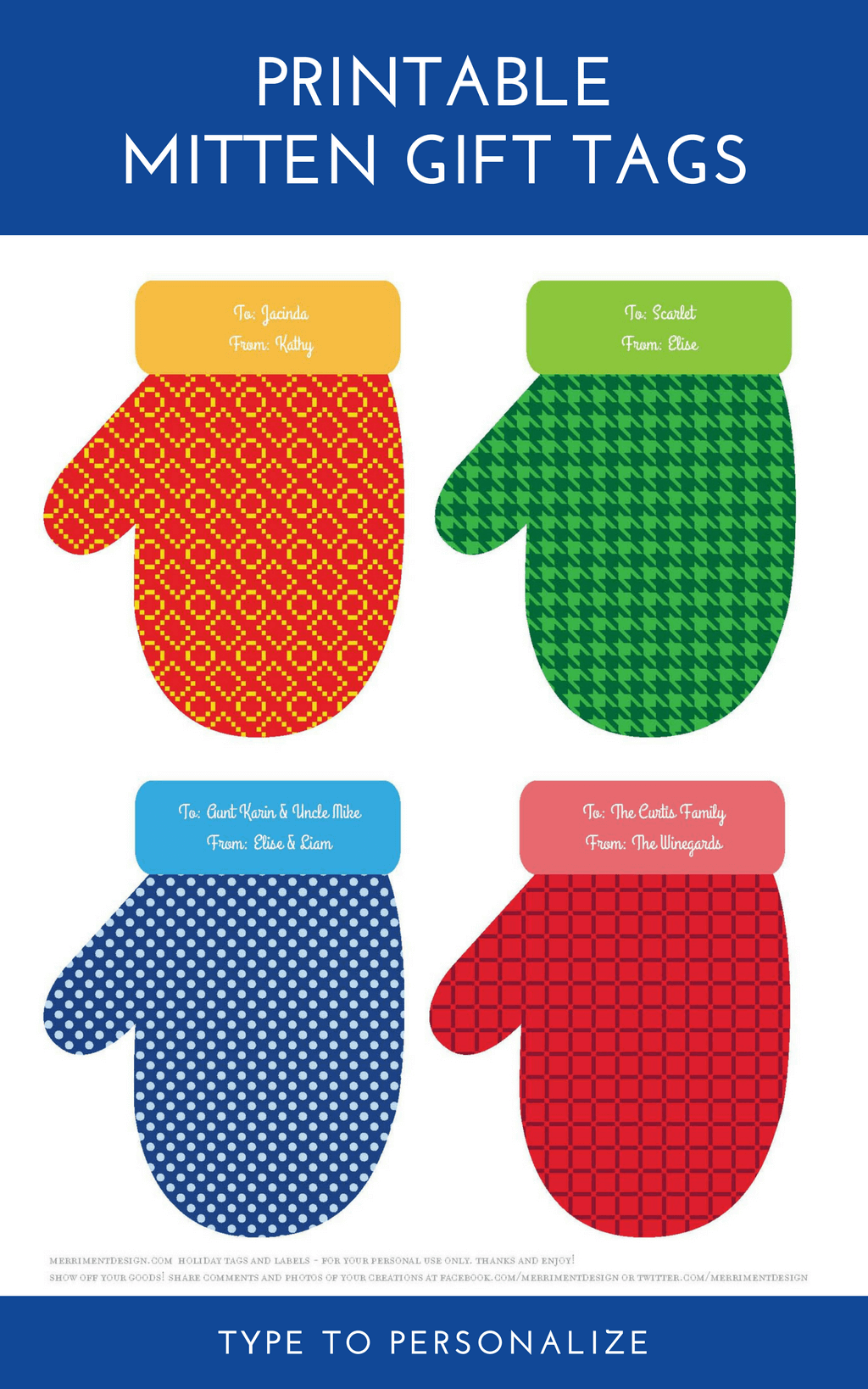 Mitten Printable Christmas gift tags - type to personalize the "to" and "from" #christmas #printable #diygifts #handmadechristmas #printables #handmadegift