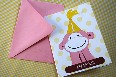 Printable Thank You Cards for Pink Monkey 1st Birthday Party by Kathy Beymer at Merriment Design