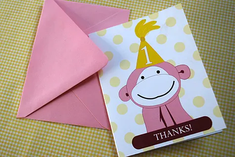 Printable Thank You Cards for Pink Monkey 1st Birthday Party by Kathy Beymer at Merriment Design Printable Thank You Cards for Pink Monkey 1st Birthday Party by Kathy Beymer at Merriment Design