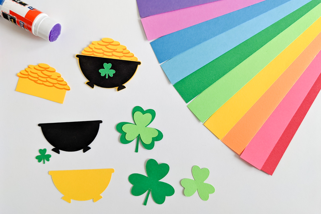 Paper shamrocks and pot of gold printable template