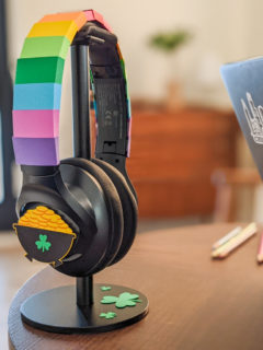 Headphones decorated with paper rainbows and pot of gold