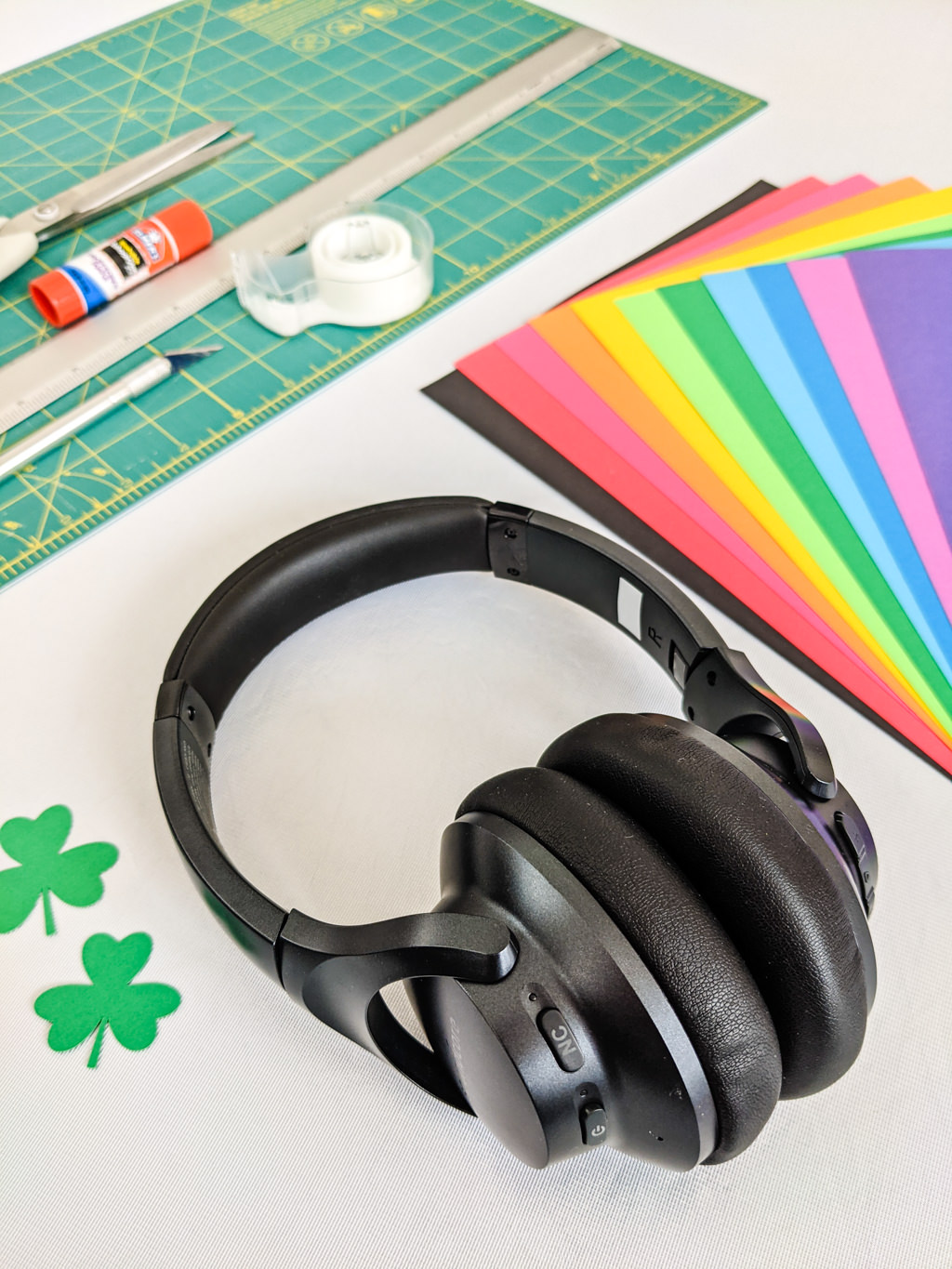Supplies for making rainbow headphones St. Patrick's Day craft