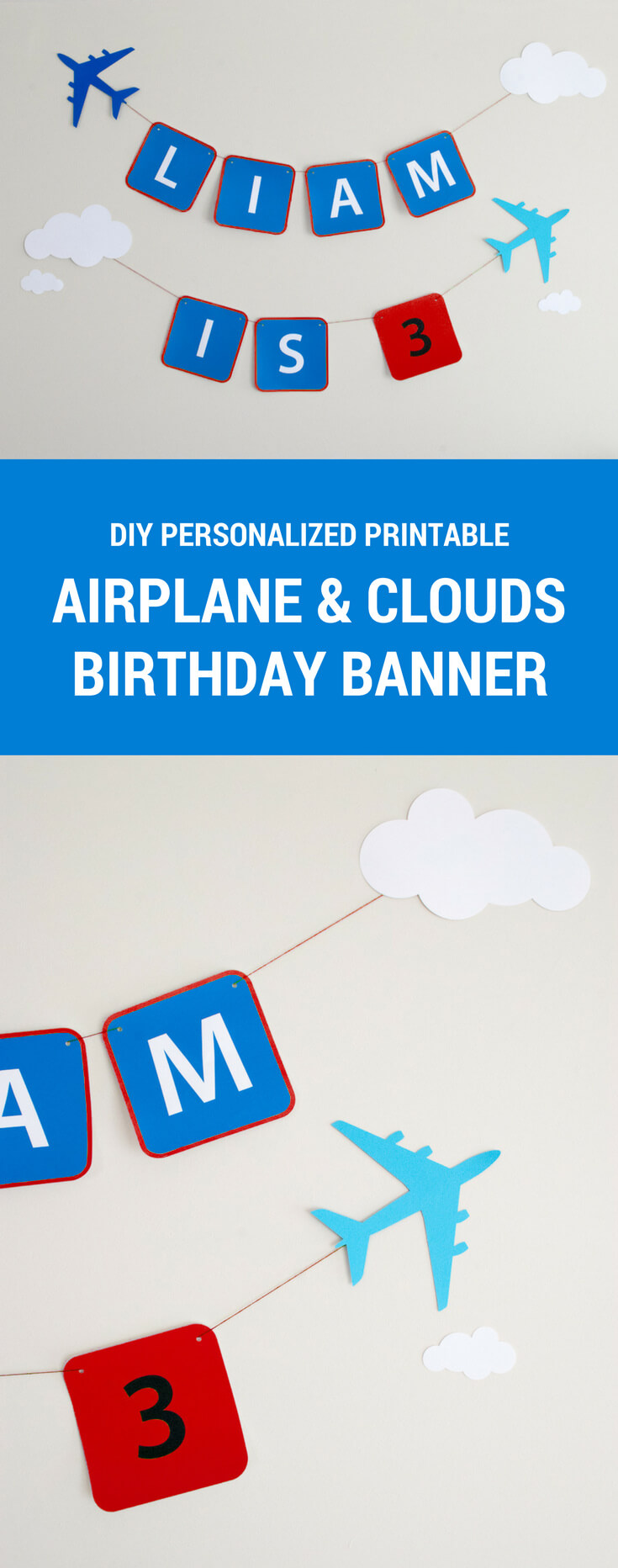 Red and blue printable airplane birthday party banner for a Modern and Classy Airplane or Airport Birthday Party. Just download, type to personalize, cut and hang!