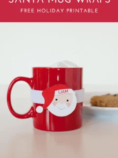 DIY Santa mug wraps free printable. Cute for Christmas Eve cocoa and Christmas breakfasts. Super easy to put onto mugs and remove to wash. Personalize with names for no mixed up mugs! #christmas #diy #crafts #diychristmas #handmadechristmas #christmasbreakfast #spon