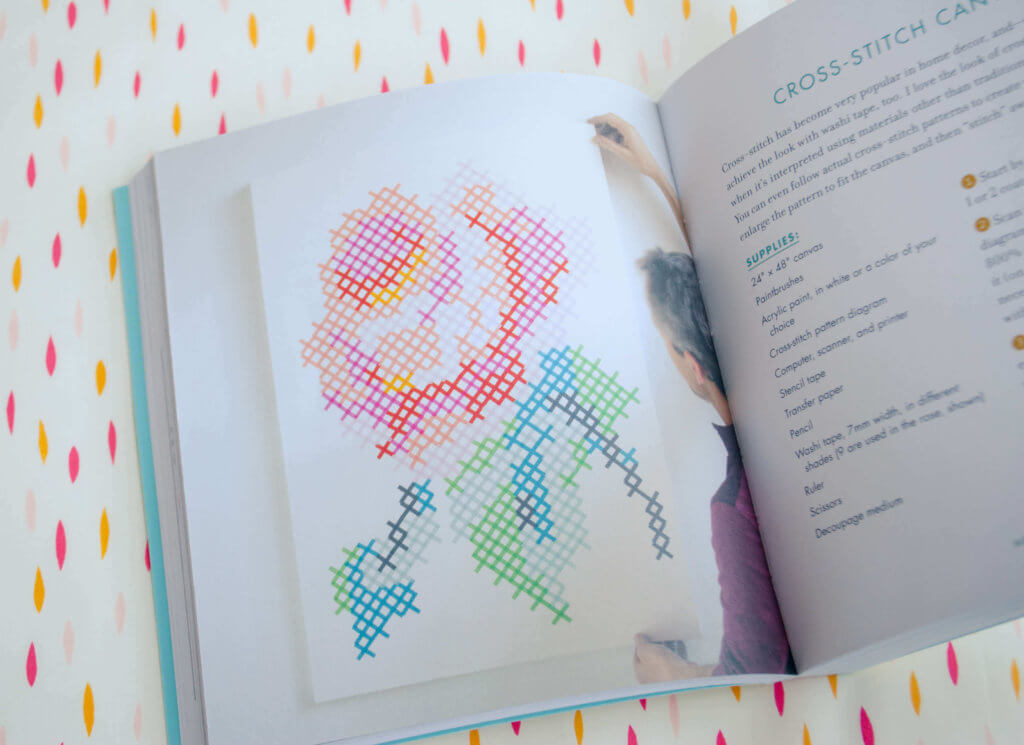 DIY cross-stitch washi tape canvas art in the Washi Tape Crafts book