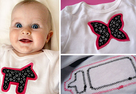 Merriment :: Sewn baby onesie dog, butterfly, bottle, bow & heart