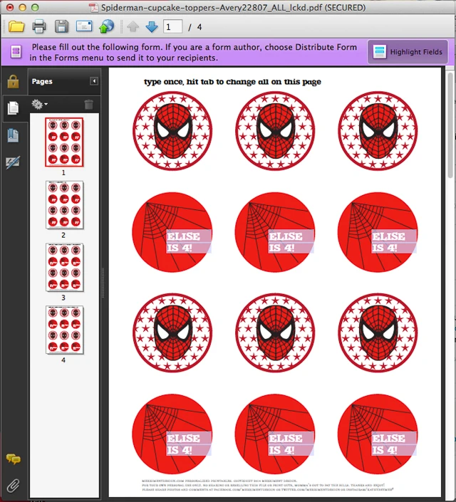 Spider-Man printable personalized cupcake toppers or temporary tattoos for a Spiderman birthday party @merrimentdesign