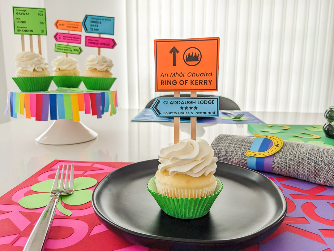 St. Patrick's Day cupcakes with Irish road signs cupcake toppers for Ring of Kerry with green cupcake liners