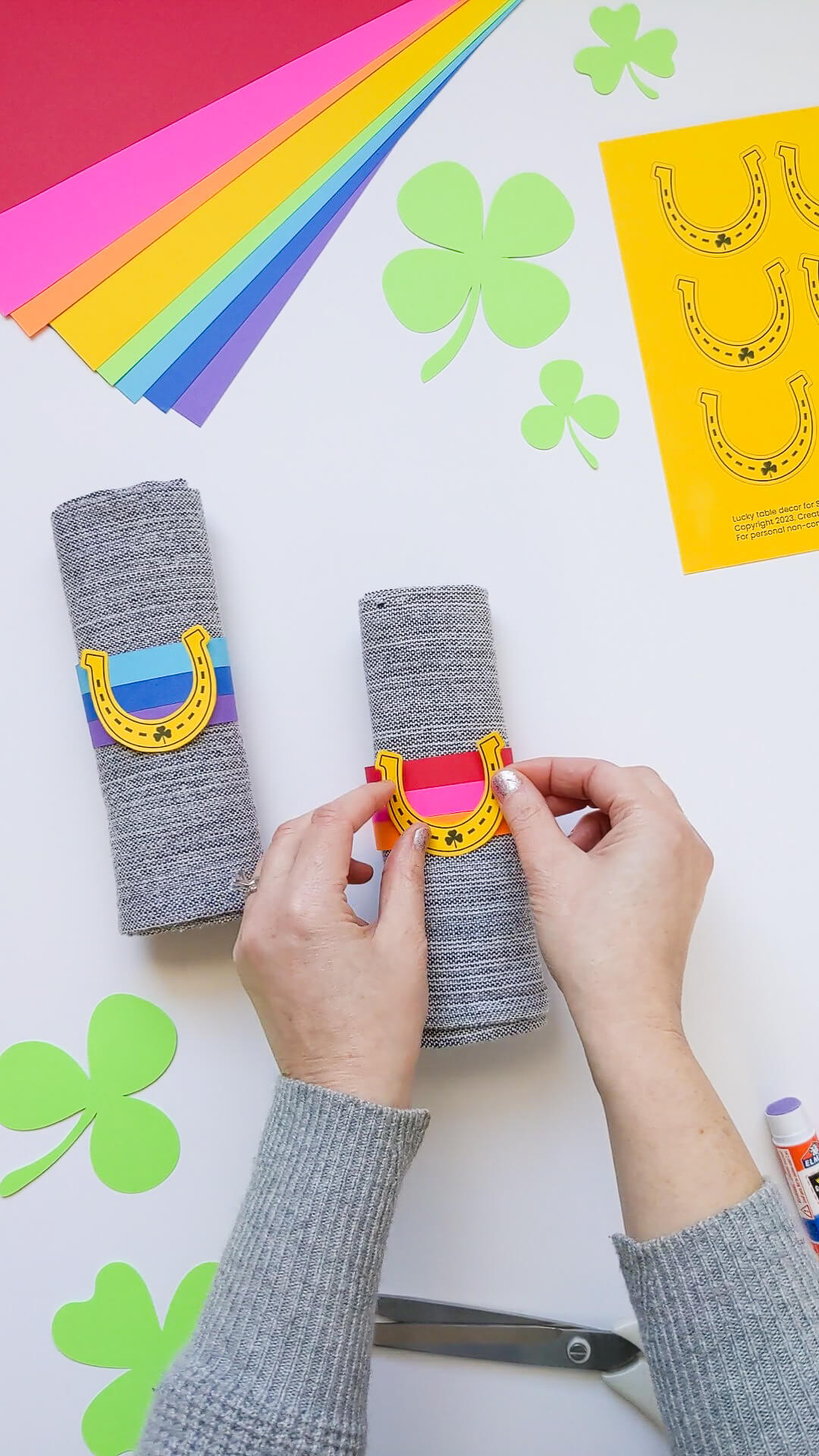 How to make DIY rainbow and horseshoe paper napkin rings for easy St. Patrick's Day table decor