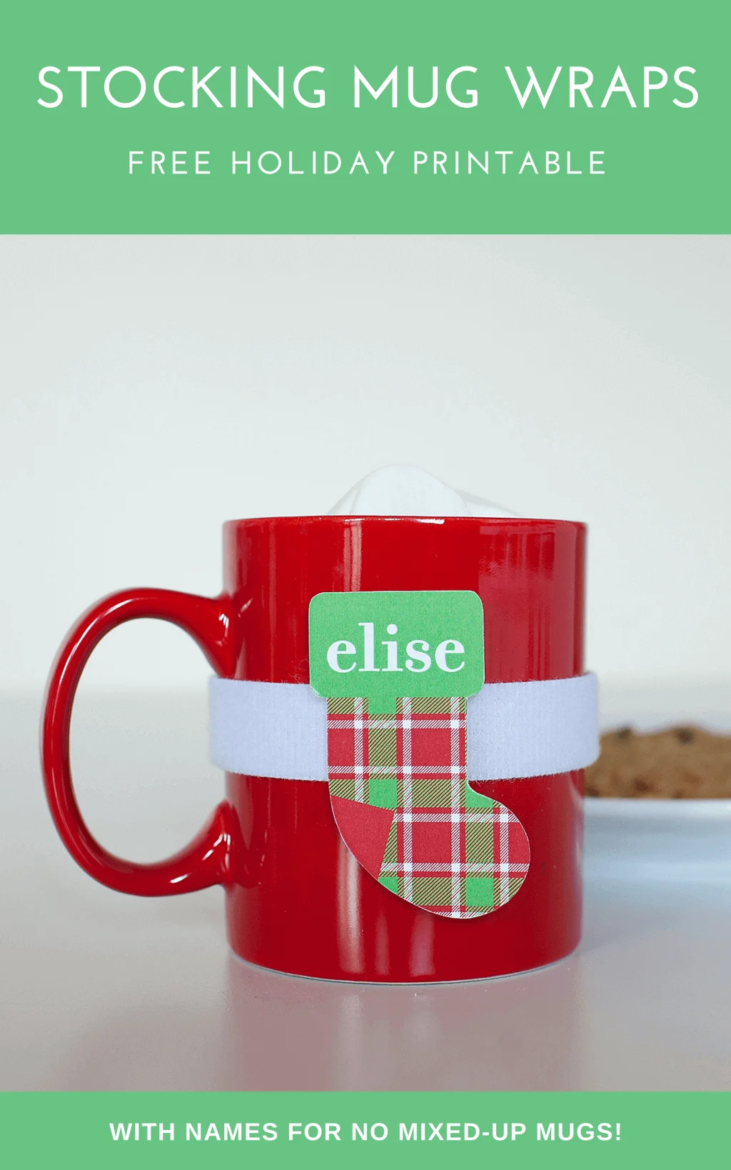 DIY stocking mug wraps free printable. Cute for Christmas Eve cocoa and Christmas breakfasts. Super easy to put onto mugs and remove to wash. Personalize with names for no mixed up mugs! #christmas #diy #crafts #diychristmas #handmadechristmas #christmasbreakfast #spon