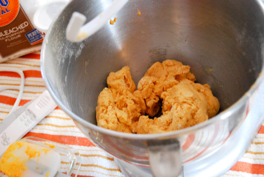 Mixing sweet potato crackers dough with a dough hook