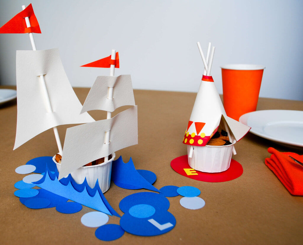 DIY Thanksgiving tepee and Mayflower snack cups for the kids table