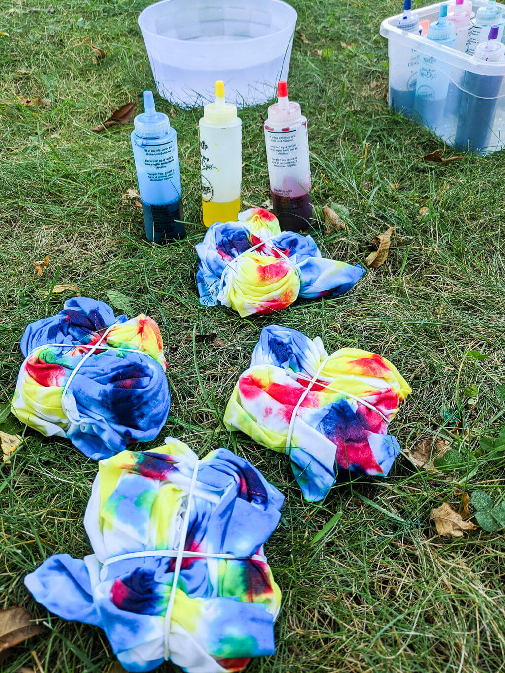 Tie dye napkins wrapped with rubber bands