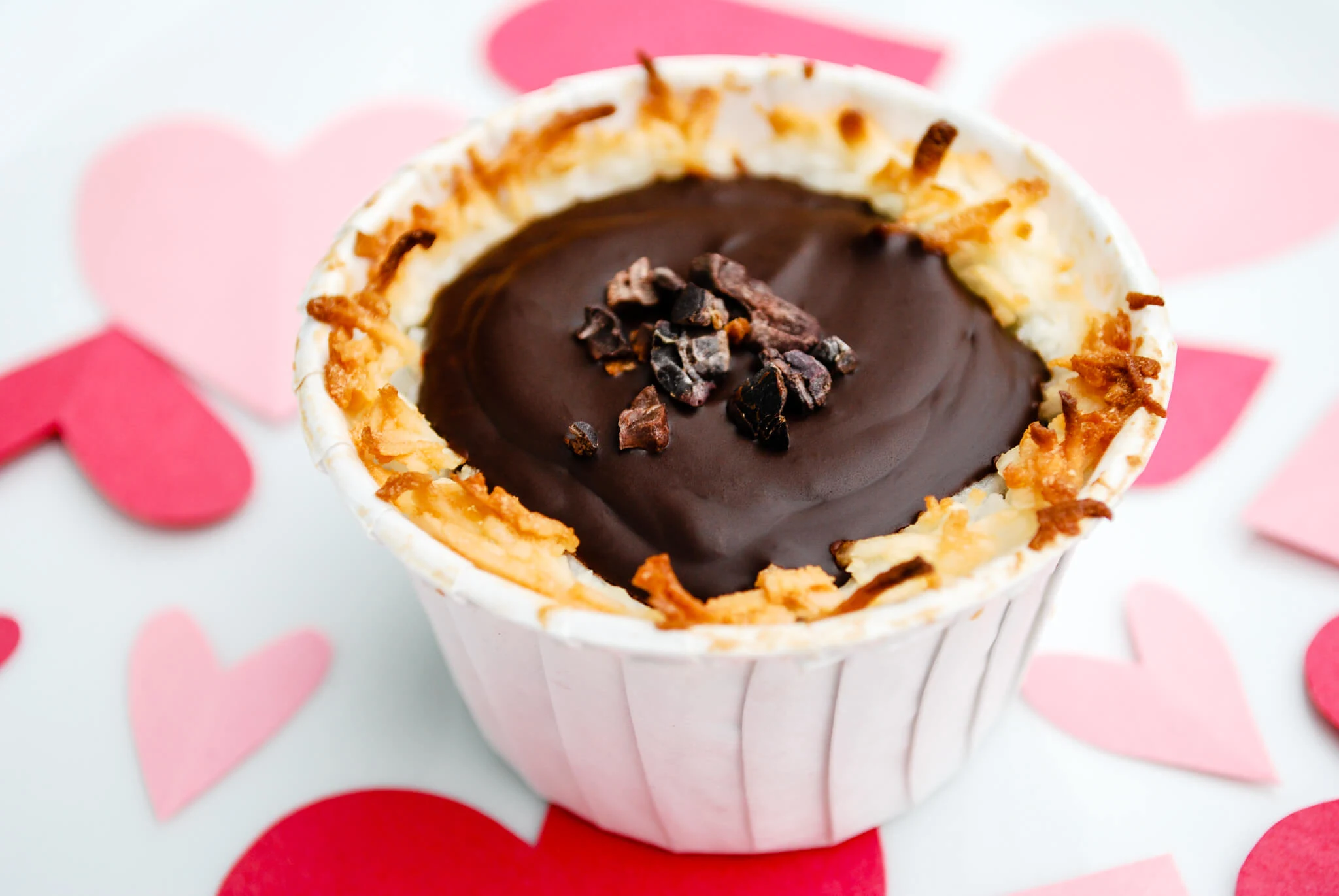 Toasted coconut chocolate Valentine's Day dessert with cacoa nibs