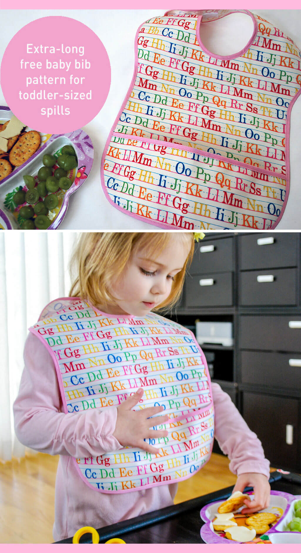 Extra-long baby bib free sewing pattern - long bib with large pocket for toddlers