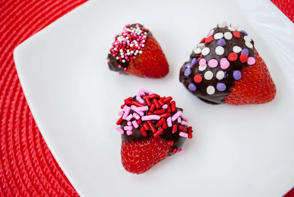 Chocolate covered strawberries with sprinkles Valentine's Day dessert