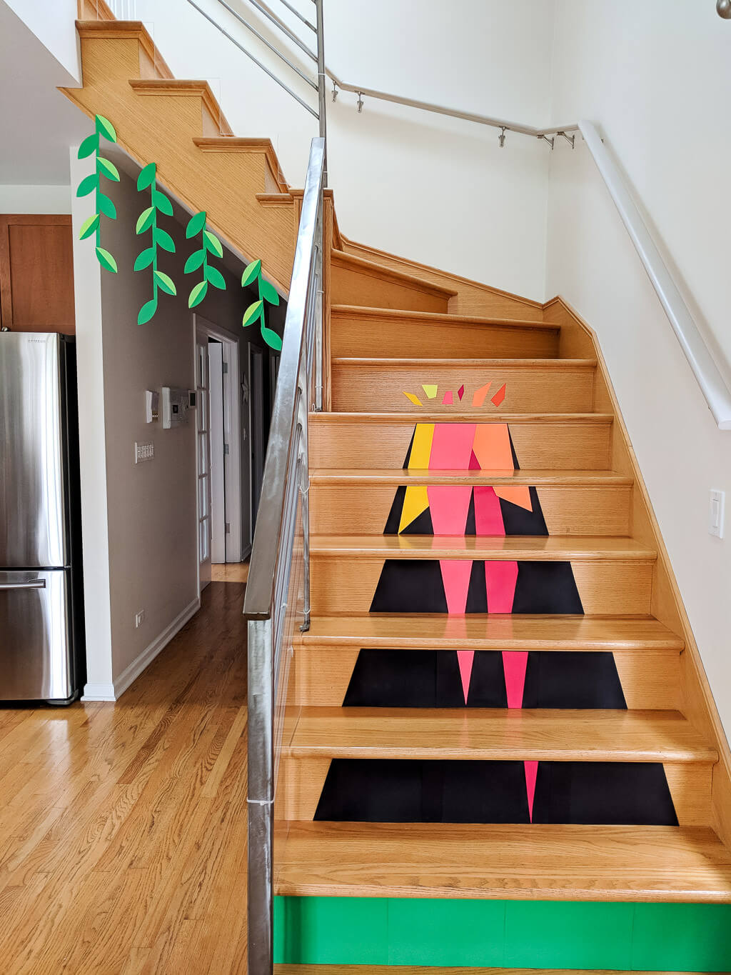 DIY paper volcano decor on stairs