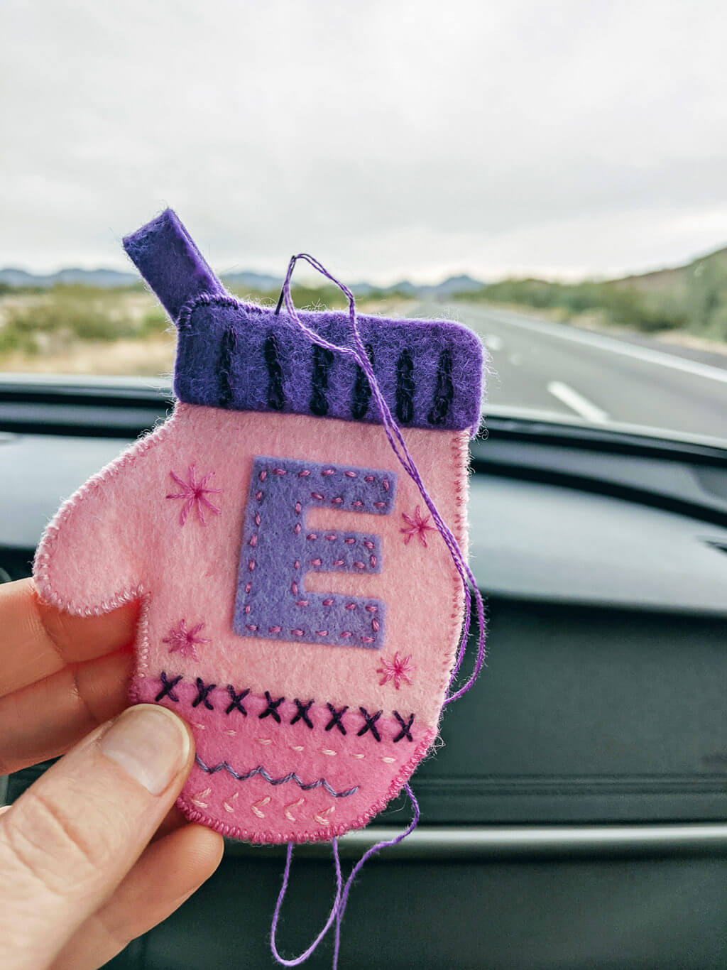 Making felt mittens ornaments on a desert roadtrip